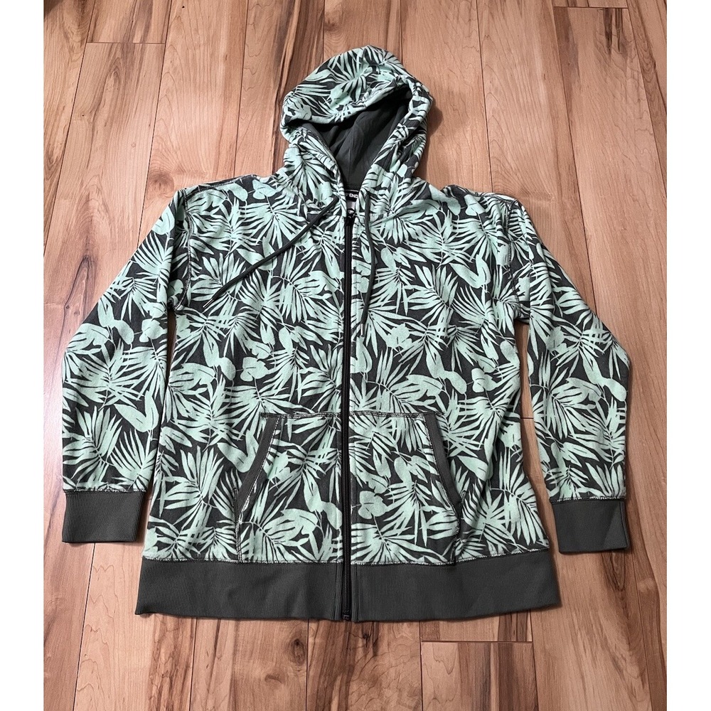 Lands' End Women's Sz M Terry Cloth Full Zip Hoodie Beach Green Tropical Floral